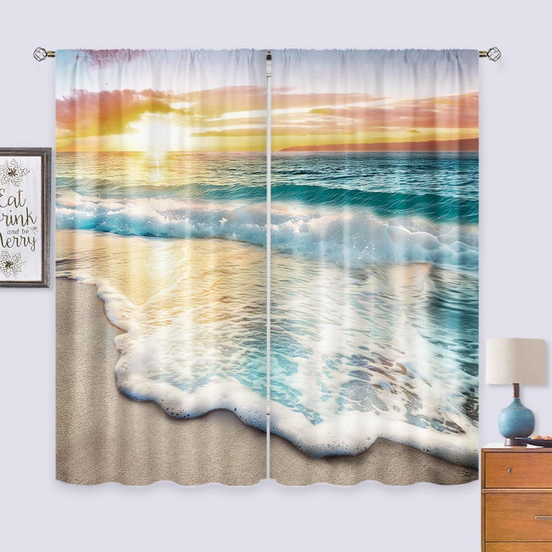 Cinbloo Beach Curtains 42Wx63L Inch Rod Pocket Tropical Curtains Coastal Nautical Hawaiian Scenery Bedroom Decor Ocean Landscape Seashore Scenic Sea Beachy Living Room Window Drapes Fabric 2 Panels - Image 3